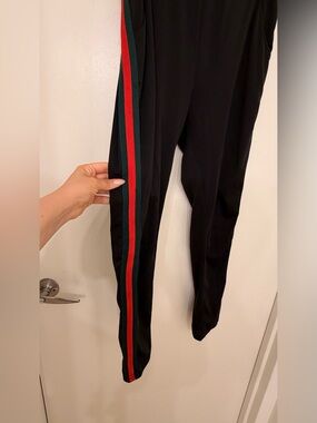 Inspired Black Slim Leg Track Pants with Red and Dark Green Side Stripes